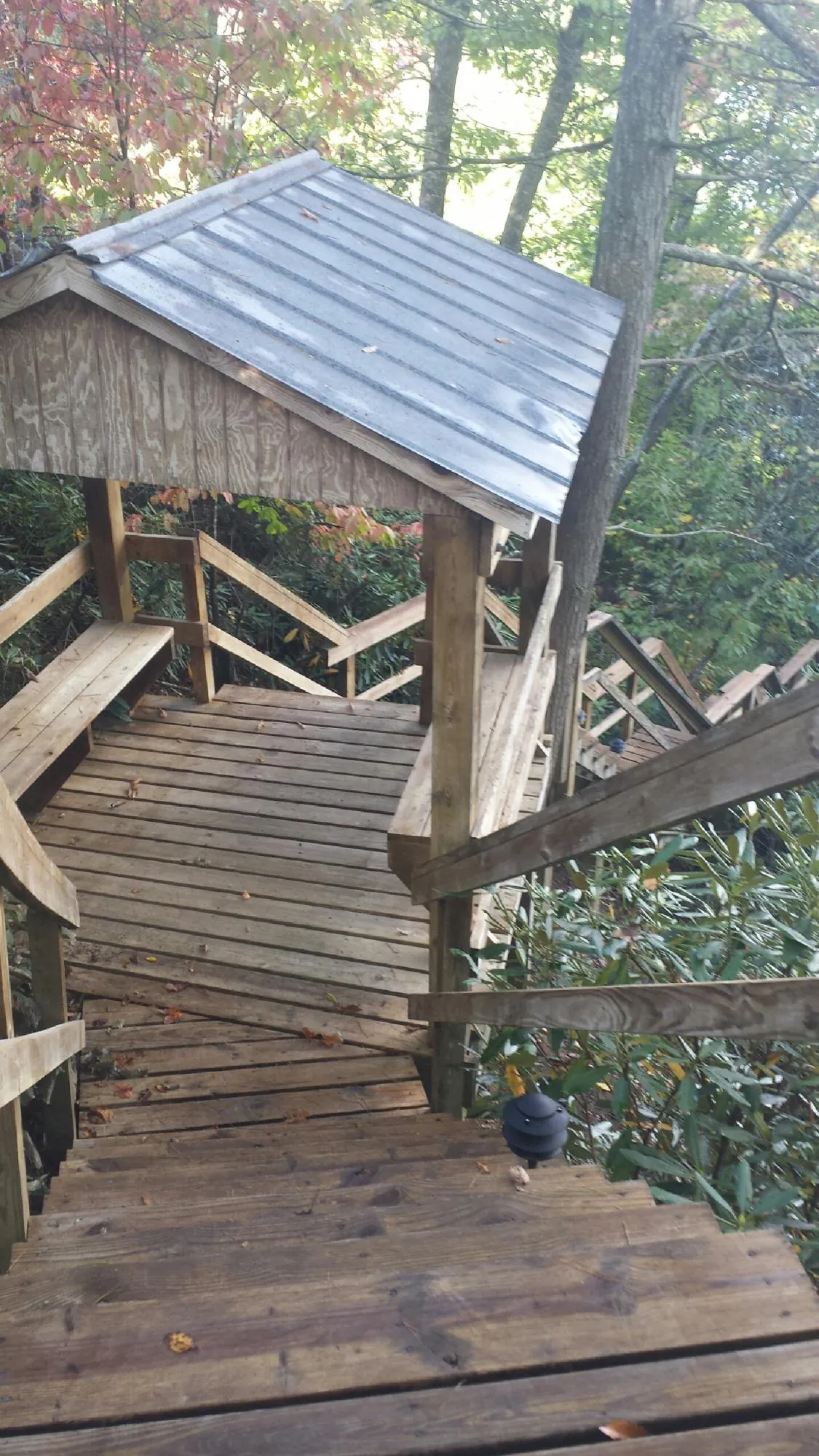Metal roofed shelter over wooden steps on a wooded walkway — Skylight Repair & Installation work by our crew in Malin
